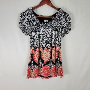 Madison‎ Shirt Womens Small Top Multicolor Short Puff Sleeve Round Flutter Neck